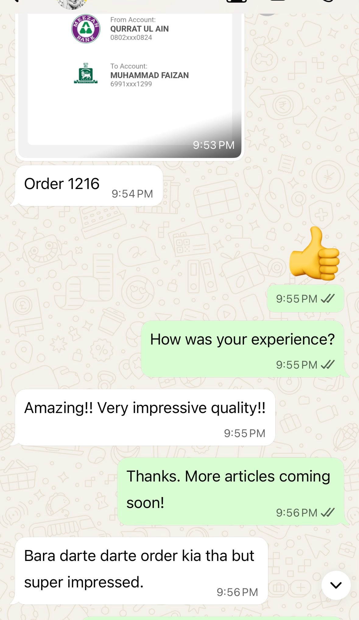 Customer review on WhatsApp