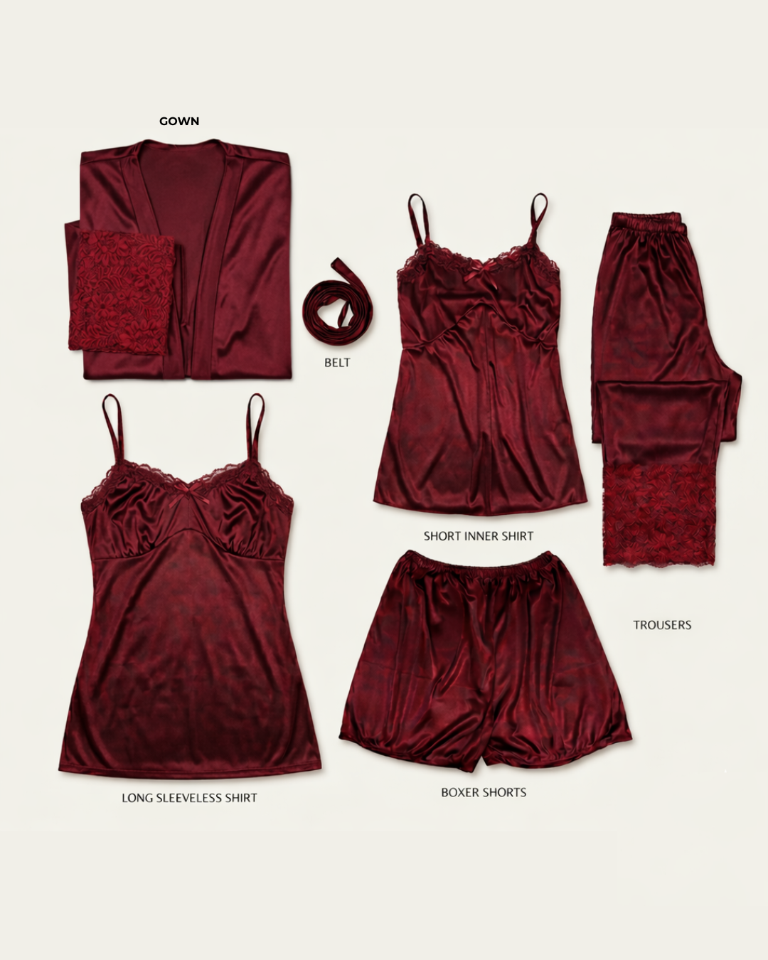Maroon Royal Jersey Silk 5 Pc Nighty Set - Free Size