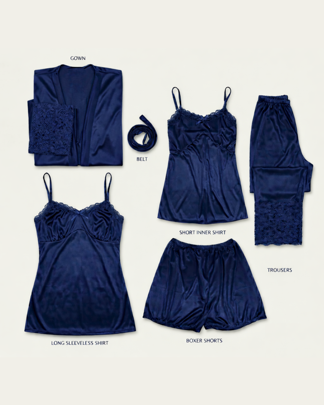 Navy Blue Royal Jersey Silk 5 Pc Nighty Set - Free Size