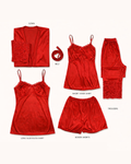 Red Royal Jersey Silk 5 Pc Nighty Set - Free Size