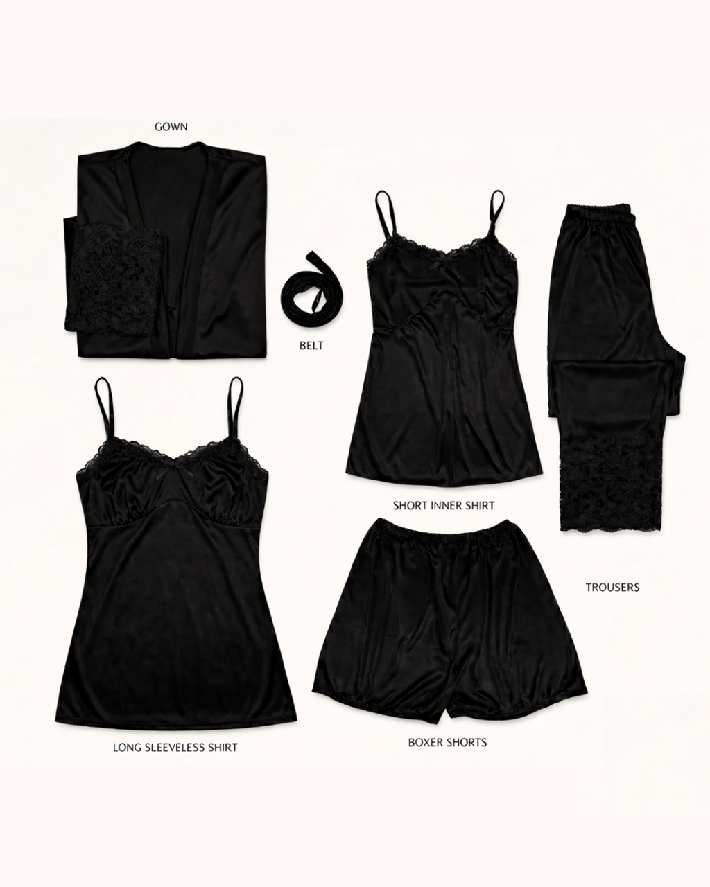 Navy Blue Royal Jersey Silk 5 Pc Nighty Set - Free Size