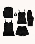 Black Royal Jersey Silk 5 Pc Nighty Set - Free Size