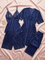 Navy Blue Luxe Jersey Silk 4 Piece Nighty Set - Free Size