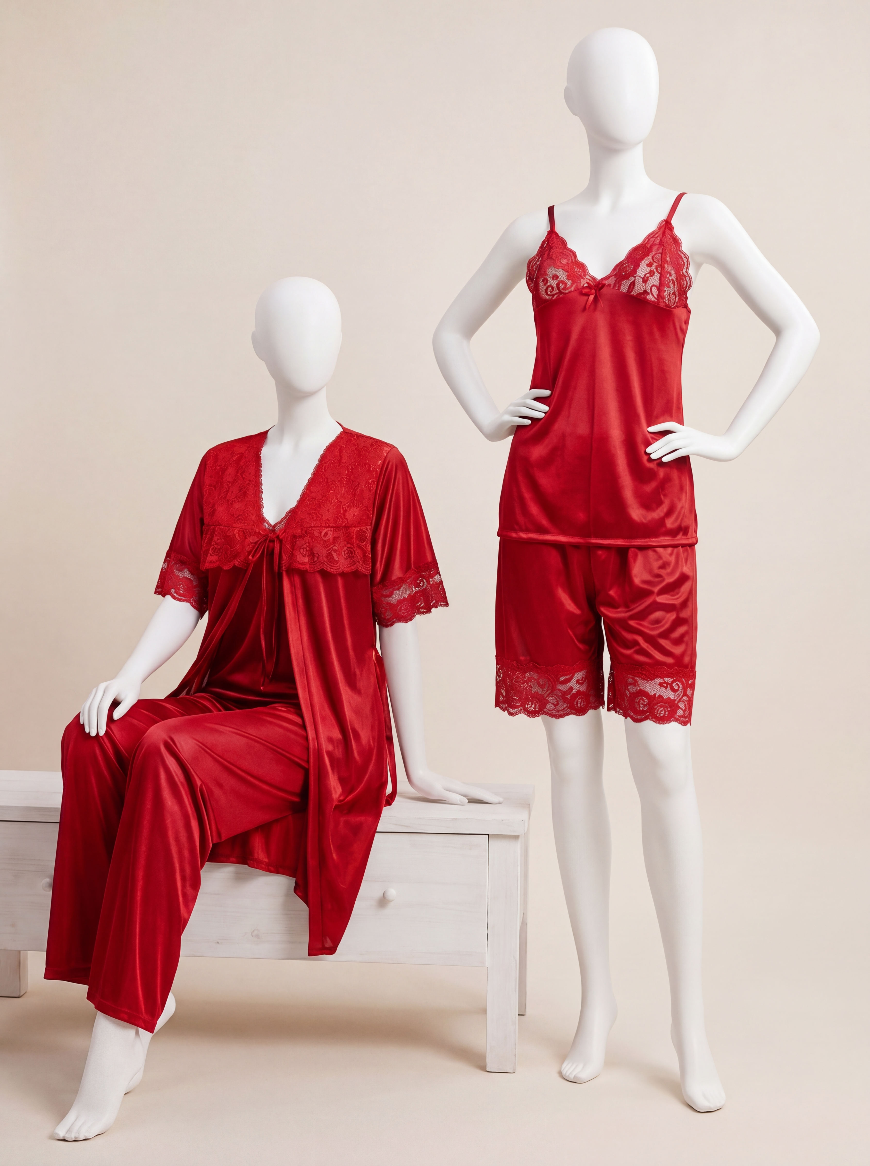 Red Luxe Jersey Silk 4 Piece Nighty Set - Free Size