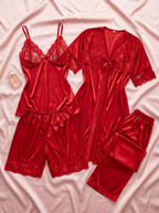 Red Luxe Jersey Silk 4 Piece Nighty Set - Free Size