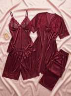 Maroon Luxe Jersey Silk 4 Piece Nighty Set - Free Size