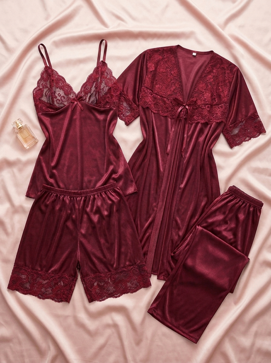 Maroon Luxe Jersey Silk 4 Piece Nighty Set - Free Size