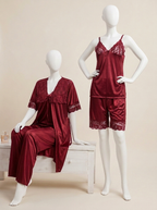 Maroon Luxe Jersey Silk 4 Piece Nighty Set - Free Size